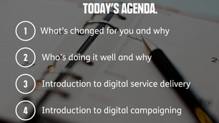 TODAY’S AGENDA.
1
2
3
4
What’s changed for you and why
Who’s doing it well and why
Introduction to digital service deliver...