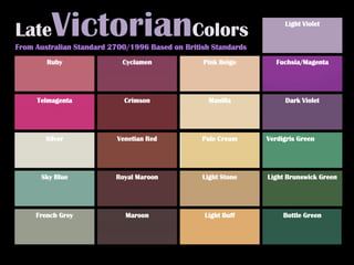 LateVictorianColorsLight VioletFrom Australian Standard 2700/1996 Based on British Standards Fuchsia/MagentaRubyCyclamenPink BeigeCrimsonDark VioletTelmagentaManillaVenetian RedSilverVerdigris GreenPale CreamLight Brunswick GreenLight StoneRoyal MaroonSky BlueBottle GreenLight BuffMaroonFrench Grey