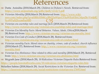 
 Dutta Anindita (2018,March 29). Children in Dickens’s Novels. Retrieved from:
https://www.arcjournals.org/pdfs/ijsell/v2-i2/1.pdf
 Victorian Morality (2018,March 29).Retrieved from: http://www.wiki-
zero.com/index.php?q=aHR0cHM6Ly9lbi53aWtpcGVkaWEub3JnL3dpa2kvVmljdG
9yaWFuX21vcmFsaXR5
 Victorian era courtship rules and marriage facts (2018,March 29).Retrieved from:
http://www.victorian-era.org/victorian-era-courtship-rules-and-marriage.html
 Victorian Era Morality Facts: Moral Behavior, Values, Ideals, Ethics(2018,March
28).Retrived from: http://www.victorian-era.org/victorian-era-morality.html
 Victorian Era Code of Conduct (2018,March 28). Retrieved from:
http://www.victorian-era.org/victorian-era-code-of-conduct.html
 Victorian morality Facts: Moral views on chastity, crimes, code of conduct, church influence
(2018,March 27). Retrieved from: http://www.victorian-era.org/victorian-
morality.html
 Victorian Era Abstinence: How related to ethics and morality (2018,March 29). Retrieved
from: http://www.victorian-era.org/victorian-era-abstinence.html
 Mcgrath Jane (2018,March 29). 10 Ridiculous Victorian Etiquette Rules.Retrieved from:
https://people.howstuffworks.com/10-ridiculous-victorian-etiquette-rules.htm
Mckellen Sabine (2018,March 29). Social Restrictions in the Victorian Era. Retrieved from:
https://classroom.synonym.com/social-restrictions-victorian-era-17695.html
References
 