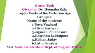 Group Task
Given by: Dr. Heenaba Zala
Topic: Poets of the Victorian Age
Group: 2
Name of the students
1.Daya Vaghani
2.Hiral Kashyap
3.Jignesh Panchasara
4.Khushbu Lakhupota
5.Kishan Jadav
6.Latta Baraiya
M.A. Sem:I students of Dept. of English MKBU
 