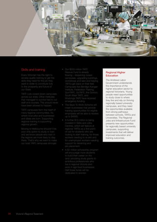 38	 Victoria’s Regional Statement
Skills and training
Every Victorian has the right to
access quality training to get the
skills they need for the job they
want in order to contribute fully
to the prosperity and future of
our State.
TAFE cuts closed down campuses
across our state. Other institutes
that managed to survive had to cut
staff and courses. This should never
have been allowed to happen.
TAFE campuses form the heart of
many regional communities. It’s
where local jobs and businesses
and ideas are born. Supporting
regional training is supporting
regional growth.
Moving to Melbourne shouldn’t be
your only option to study or train
and we know people who train in
the regions are more likely to stay
there. That’s why we want to make
our local TAFE campuses stronger.
•	 Our $320 million TAFE
Rescue Fund is already
flowing – reopening closed
campuses, upgrading buildings,
workshops and labs and helping
TAFEs get back on their feet.
Campuses like Bendigo Kangan
Institute, Federation Training,
SuniTAFE, GoTAFE, the Gordon,
South West TAFE, and
Wodonga TAFE have received
emergency funding.
•	 The Back To Work Scheme will
mean businesses that provide
training opportunities for eligible
employees will be able to receive
up to $4000.
•	 A further $15 million is being
invested in Skills and Jobs
Centres, which will feature at
regional TAFEs as a first point-
of-call for students who are
looking to start training, for those
workers needing to re-skill and
for unemployed workers needing
support for retraining and
job placement.
•	 A $2 million scholarship program
will encourage more students
to build their career on the
land, providing study grants to
ambitious professionals who
live in regional Victoria and
work in agri-food businesses.
Half these funds will be
dedicated to women.
Regional Higher
Education
The Andrews Labor
Government understands
the importance of the
higher education sector to
regional Victorians. Young
people need opportunities
to study close to where
they live and rely on thriving
regionally based university
campuses, and they need
the opportunities available
from strong pathways
between schools, TAFEs and
Universities. The Regional
Jobs and Infrastructure Fund
presents new opportunities
for regionally based university
campuses, supporting
investments that will deliver
improved education and
training outcomes.
 