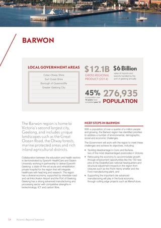 $12.1B
GROSS REGIONAL
PRODUCT (2014)
45%of population over
15 years have
completed year 12
276,935
POPULATION
$6Billion
value of imports and
exports handled by the
port of geelong annually
LOCAL GOVERNMENT AREAS
Colac-Otway Shire
Surf Coast Shire
Borough of Queenscliffe
Greater Geelong City
54	 Victoria’s Regional Statement
The Barwon region is home to
Victoria’s second largest city,
Geelong, and includes unique
landscapes such as the Great
Ocean Road, the Otway forests,
marine protected areas and rich
inland agricultural districts.
Collaboration between the education and health sectors
is demonstrated by Epworth HealthCare and Deakin
University working in partnership to deliver Epworth
Geelong: a state-of-the-art acute and rehabilitation
private hospital for the region that will integrate
healthcare with teaching and research. The region
has a diverse economy, supported by interstate road
and rail links Avalon Airport and the Port of Geelong.
Geelong has a strong advanced manufacturing and
processing sector with competitive strengths in
biotechnology, ICT and carbon fibre.
NEXT STEPS IN BARWON
With a population of over a quarter of a million people
and growing, the Barwon region has identified priorities
to address a number of environmental, demographic,
social and economic challenges.
The Government will work with the region to meet these
challenges and achieve its objectives, including:
•	 Tackling disadvantage in Corio and Norlane,
two of the most disadvantaged postcodes in Victoria;
•	 Refocusing the economy to accommodate growth
through employment opportunities like the 150 new
jobs at the DisabilityCare national headquarters and
structural adjustment impacts in the region from
closures such as the Point Henry smelter and the
Ford manufacturing plant; and
•	 Supporting the important role advanced
manufacturing will play in the local economy
through cutting edge projects such as ManuFuture.
BARWON
 