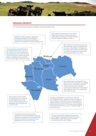 Benalla
Indigo
Mansfield
Wodonga
Alpine
Towong
Wangaratta
$500,000 is being provided to upgrade the
Wangaratta saleyards. This will result in
improvements to the safety, functionality and
capacity of the facilities and reduce operating costs.
The Region will benefit from Visit Victoria, which will
have a Regional Division, designed to work with Regional
Tourism Boards and operators to grow tourism based on
regional strengths, such as the Murray to the Mountains
and High Country Rail Trail. This draws cyclists attracted
by the natural environment and who contribute strongly to
the local economy.
Communities across the region
are tackling the issue of drug use
through initiatives such as the
Local Ice Steering Committee in
Wangaratta and the Wangaratta
Ice Action Plan.
The Government provided $66,000 for
the Benalla Racing Club to put on an
AFL-themed race meeting featuring
the Benalla Gold Cup on the inaugural
Grand Final Friday. Victoria is the proud
leader of Australian racing, generating
more than $2.8 billion in economic activity.
New mobile towers are being built in the
Shire of Towong and regional municipalities
across Victoria. 109 mobile towers will
be built over three years to eliminate
communications black spots and boost the
state’s regional economy by an estimated
$120 million per year.
The Victorian Government is providing
assistance with the implementation of process
improvement initiatives for the Mansfield Shire
Domestic Wastewater Management Plan
(DWMP) Action and Resource Plan.
With support from the National Trout Cod
Recovery Plan, anglers can legally fish for
trout cod in Beechworth. This delivers on
the Government’s Target One Million plan
for recreational fishing, which aims to get
more Victorians fishing, more often.
SCT Logistics has invested in an intermodal
freight terminal south of Wodonga, part of
a $39 million commitment to increase rail freight
along the Melbourne-Brisbane corridor.
The Yorta Yorta Nation Aboriginal Corporation
is the Registered Aboriginal Party within the Ovens
Murray Region, supporting Victoria’s Aboriginal
cultural preservation and heritage.
REGIONAL PROJECTS
For other local projects please visit regions.vic.gov.au/ovensmurray
Victoria’s Regional Statement	 69
 