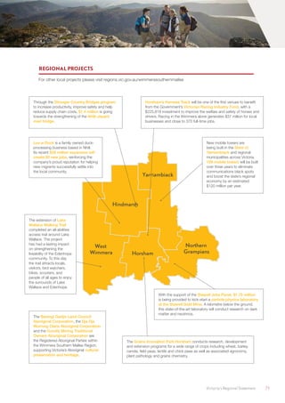 Victoria’s Regional Statement	 71
West
Wimmera Horsham
Hindmarsh
Yarriambiack
Northern
Grampians
With the support of the Stawell Jobs Panel, $1.75 million
is being provided to kick-start a particle physics laboratory
at the Stawell Gold Mine. A kilometre below the ground,
this state-of-the-art laboratory will conduct research on dark
matter and neutrinos.
The Grains Innovation Park Horsham conducts research, development
and extension programs for a wide range of crops including wheat, barley,
canola, field peas, lentils and chick peas as well as associated agronomy,
plant pathology and grains chemistry.
The extension of Lake
Wallace Walking Trail
completed an all-abilities
access trail around Lake
Wallace. The project
has had a lasting impact
on strengthening the
liveability of the Edenhope
community. To this day
the trail attracts locals,
visitors, bird watchers,
bikes, scooters, and
people of all ages to enjoy
the surrounds of Lake
Wallace and Edenhope.
Horsham’s Harness Track will be one of the first venues to benefit
from the Government’s Victorian Racing Industry Fund, with a
$225,818 investment to improve the welfare and safety of horses and
drivers. Racing in the Wimmera alone generates $37 million for local
businesses and close to 370 full-time jobs.
REGIONAL PROJECTS
For other local projects please visit regions.vic.gov.au/wimmerasouthernmallee
Luv-a-Duck is a family owned duck-
processing business based in Nhill.
Its recent $28 million expansion will
create 80 new jobs, reinforcing the
company’s proud reputation for helping
new migrants successfully settle into
the local community.
The Barengi Gadjin Land Council
Aboriginal Corporation, the Dja Dja
Wurrung Clans Aboriginal Corporation
and the Gunditj Mirring Traditional
Owners Aboriginal Corporation are
the Registered Aboriginal Parties within
the Wimmera Southern Mallee Region,
supporting Victoria’s Aboriginal cultural
preservation and heritage.
Through the Stronger Country Bridges program
to increase productivity, improve safety and help
reduce supply chain costs, $1.4 million is going
towards the strengthening of the Nhill-Jeparit
road bridge.
New mobile towers are
being built in the Shire of
Yarriambiack and regional
municipalities across Victoria.
109 mobile towers will be built
over three years to eliminate
communications black spots
and boost the state’s regional
economy by an estimated
$120 million per year.
 