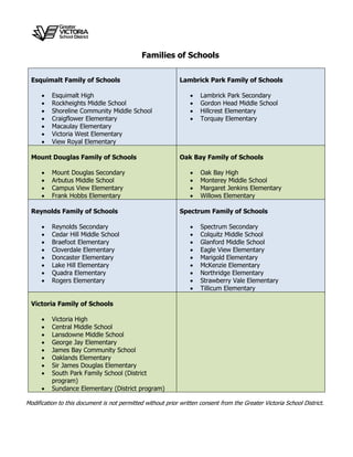 
Families of Schools
Esquimalt Family of Schools
 Esquimalt High
 Rockheights Middle School
 Shoreline Community Middle School
 Craigflower Elementary
 Macaulay Elementary
 Victoria West Elementary
 View Royal Elementary
Lambrick Park Family of Schools
 Lambrick Park Secondary
 Gordon Head Middle School
 Hillcrest Elementary
 Torquay Elementary
Mount Douglas Family of Schools
 Mount Douglas Secondary
 Arbutus Middle School
 Campus View Elementary
 Frank Hobbs Elementary
Oak Bay Family of Schools
 Oak Bay High
 Monterey Middle School
 Margaret Jenkins Elementary
 Willows Elementary
Reynolds Family of Schools
 Reynolds Secondary
 Cedar Hill Middle School
 Braefoot Elementary
 Cloverdale Elementary
 Doncaster Elementary
 Lake Hill Elementary
 Quadra Elementary
 Rogers Elementary
Spectrum Family of Schools
 Spectrum Secondary
 Colquitz Middle School
 Glanford Middle School
 Eagle View Elementary
 Marigold Elementary
 McKenzie Elementary
 Northridge Elementary
 Strawberry Vale Elementary
 Tillicum Elementary
Victoria Family of Schools
 Victoria High
 Central Middle School
 Lansdowne Middle School
 George Jay Elementary
 James Bay Community School
 Oaklands Elementary
 Sir James Douglas Elementary
 South Park Family School (District
program)
 Sundance Elementary (District program)
Modification to this document is not permitted without prior written consent from the Greater Victoria School District.
 