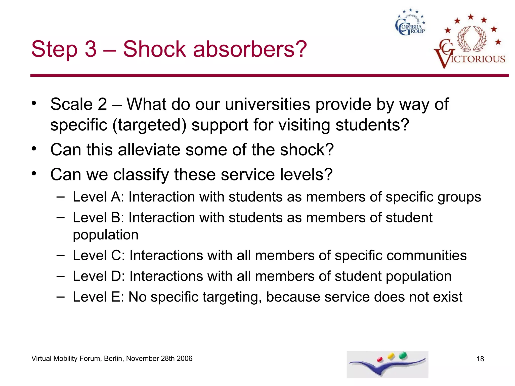 Step 3 – Shock absorbers? Scale 2 – What do our universities provide by way of specific (targeted) support for visiting students? Can this alleviate some of the shock? Can we classify these service levels? Level A: Interaction with students as members of specific groups Level B: Interaction with students as members of student population  Level C: Interactions with all members of specific communities Level D: Interactions with all members of student population Level E: No specific targeting, because service does not exist 