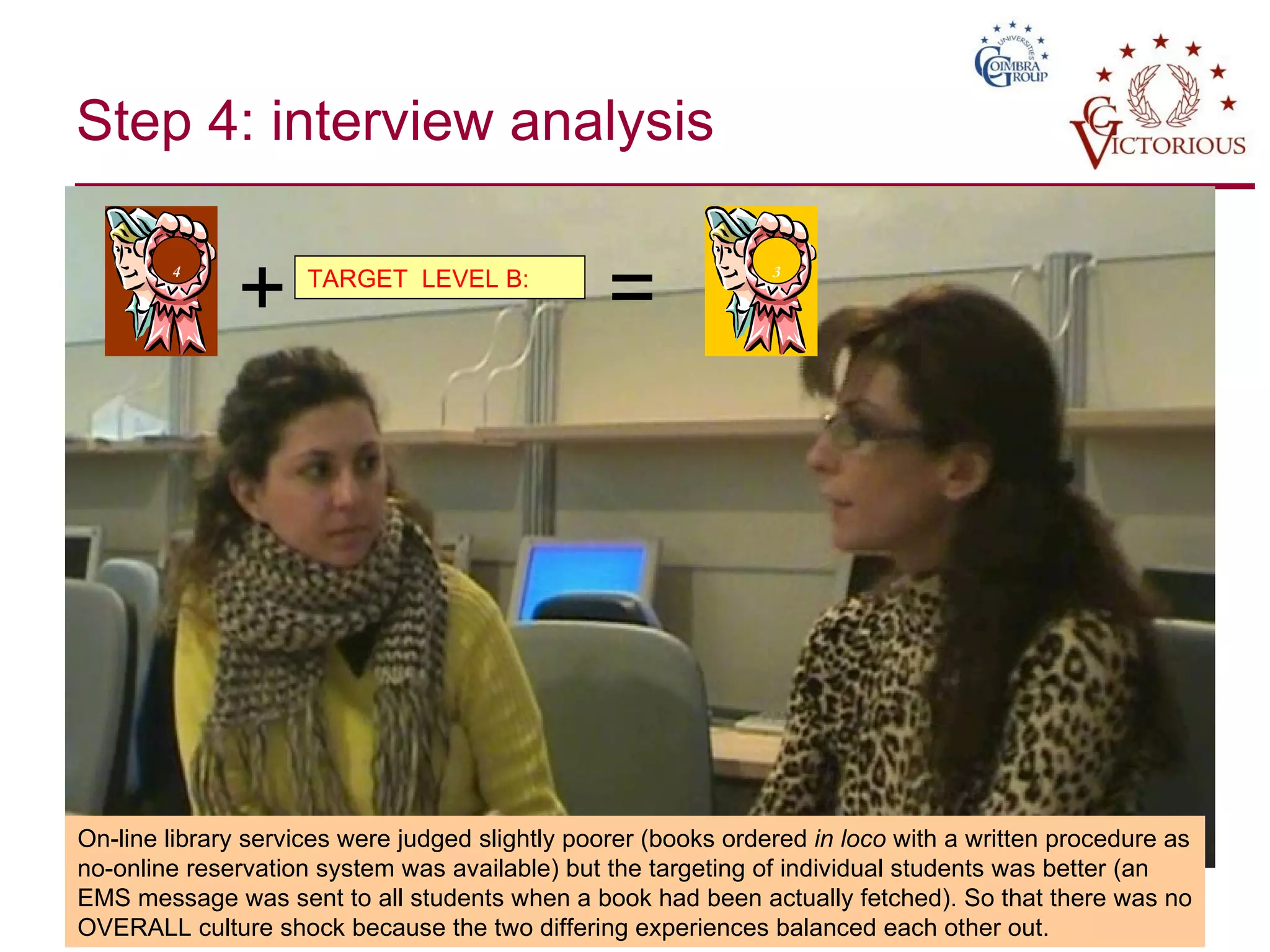 Step 4: interview analysis TARGET  LEVEL B: On-line library services were judged slightly poorer (books ordered  in loco  with a written procedure as no-online reservation system was available) but the targeting of individual students was better (an EMS message was sent to all students when a book had been actually fetched). So that there was no OVERALL culture shock because the two differing experiences balanced each other out. + = 3 4 