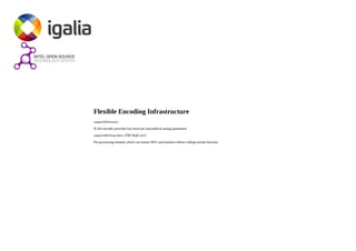 Flexible Encoding Infrastructure
vaapih264feienc
H.264 encoder provides low-level per macroblock tuning parameters
vaapih264feipreenc (TBI Shall we?)
Pre-processing element which can extract MVs and statistics before calling encode function
 