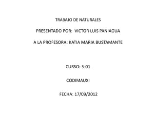 TRABAJO DE NATURALES

 PRESENTADO POR: VICTOR LUIS PANIAGUA

A LA PROFESORA: KATIA MARIA BUSTAMANTE




             CURSO: 5-01

              CODIMAUXI

           FECHA: 17/09/2012
 