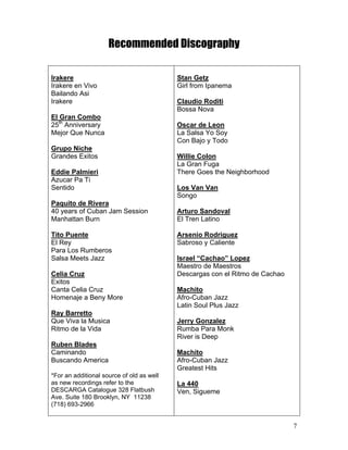 7
Recommended Discography
Irakere
Irakere en Vivo
Bailando Asi
Irakere
El Gran Combo
25th
Anniversary
Mejor Que Nunca
Grupo Niche
Grandes Exitos
Eddie Palmieri
Azucar Pa Ti
Sentido
Paquito de Rivera
40 years of Cuban Jam Session
Manhattan Burn
Tito Puente
El Rey
Para Los Rumberos
Salsa Meets Jazz
Celia Cruz
Exitos
Canta Celia Cruz
Homenaje a Beny More
Ray Barretto
Que Viva la Musica
Ritmo de la Vida
Ruben Blades
Caminando
Buscando America
*For an additional source of old as well
as new recordings refer to the
DESCARGA Catalogue 328 Flatbush
Ave. Suite 180 Brooklyn, NY 11238
(718) 693-2966
Stan Getz
Girl from Ipanema
Claudio Roditi
Bossa Nova
Oscar de Leon
La Salsa Yo Soy
Con Bajo y Todo
Willie Colon
La Gran Fuga
There Goes the Neighborhood
Los Van Van
Songo
Arturo Sandoval
El Tren Latino
Arsenio Rodriguez
Sabroso y Caliente
Israel “Cachao” Lopez
Maestro de Maestros
Descargas con el Ritmo de Cachao
Machito
Afro-Cuban Jazz
Latin Soul Plus Jazz
Jerry Gonzalez
Rumba Para Monk
River is Deep
Machito
Afro-Cuban Jazz
Greatest Hits
La 440
Ven, Sigueme
 