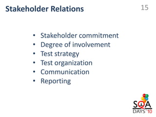 Stakeholder Relations               15


       •   Stakeholder commitment
       •   Degree of involvement
       •   Test strategy
       •   Test organization
       •   Communication
       •   Reporting
 