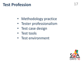 Test Profession                     17


       •   Methodology practice
       •   Tester professionalism
       •   Test case design
       •   Test tools
       •   Test environment
 