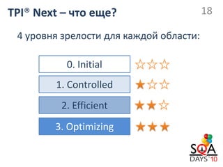 TPI® Next – что еще?                     18

 4 уровня зрелости для каждой области:

           0. Initial
        1. Controlled
         2. Efficient
        3. Optimizing
 