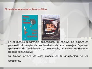 El modelo falsamente democrático




  En el modelo falsamente democrático, el objetivo del emisor es
  persuadir al receptor de las bondades de sus mensajes. Bajo una
  apariencia de participación y democracia, el emisor controla el
  proceso comunicativo.
  La función política de este modelo es la adaptación de los
  receptores.
 