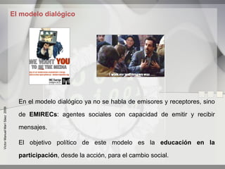 El modelo dialógico




                                 En el modelo dialógico ya no se habla de emisores y receptores, sino
Víctor Manuel Marí Sáez 2009




                                 de EMIRECs: agentes sociales con capacidad de emitir y recibir

                                 mensajes.

                                 El objetivo político de este modelo es la educación en la

                                 participación, desde la acción, para el cambio social.
 