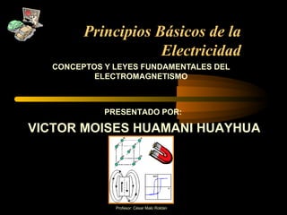 Profesor: César Malo Roldán
Principios Básicos de la
Electricidad
CONCEPTOS Y LEYES FUNDAMENTALES DEL
ELECTROMAGNETISMO
PRESENTADO POR:
VICTOR MOISES HUAMANI HUAYHUA
 