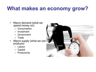 What makes an economy grow? Macro demand (what we spend money on): Consumption Investment Government Trade Macro supply (what we can produce): Labour Capital Productivity 