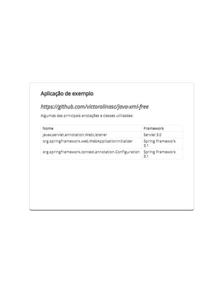 Aplicação de exemplo

https://github.com/victorolinasc/java-xml-free
Algumas das principais anotações e classes utilizadas:


 Nome                                                    Framework
 javax.servlet.annotation.WebListener                    Servlet 3.0
 org.springframework.web.WebApplicationInitializer       Spring Framework
                                                         3.1
 org.springframework.context.annotation.Configuration    Spring Framework
                                                         3.1
 