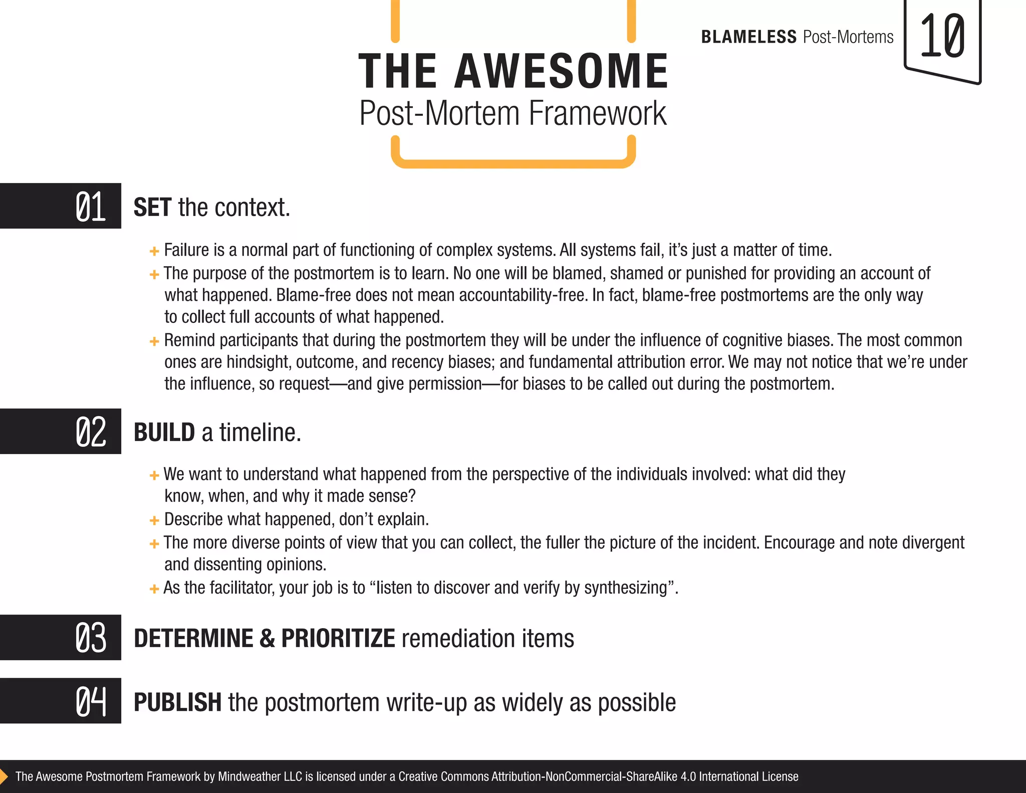 10 
01 
02 
03 
04 
SET the context. 
BUILD a timeline. 
DETERMINE & PRIORITIZE remediation items 
PUBLISH the postmortem write-up as widely as possible 
+ Failure is a normal part of functioning of complex systems. All systems fail, it’s just a matter of time. 
+ The purpose of the postmortem is to learn. No one will be blamed, shamed or punished for providing an account of 
wha 
t happened. Blame-free does not mean accountability-free. In fact, blame-free postmortems are the only way 
to collect full accounts of wha 
t happened. 
+ Remind participants that during the postmortem they will be under the influence of cognitive biases. The most common 
ones are hindsight, 
outcome, and recency biases; and fundamental attribution error. We may not notice that we’re under 
the influence, 
so request—and give permission—for biases to be called out during the postmortem. 
+ We want to understand what happened from the perspective of the individuals involved: what did they 
kno 
w, when, and why it made sense? 
+ Describe what happened, don’t explain. 
+ The more diverse points of view that you can collect, the fuller the picture of the incident. Encourage and note divergent 
and dissenting opinions. 
+ As the facilitator, your job is to “listen to discover and verify by synthesizing”. 
The Awesome Postmortem Framework by Mindweather LLC is licensed under a Creative Commons Attribution-NonCommercial-ShareAlike 4.0 International License 
THE AWESOME 
Post-Mortem Framework 
BLAMELESS Post-Mortems  