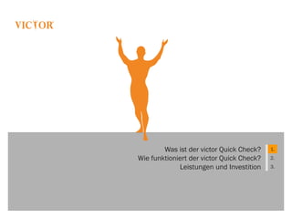 Was ist der victor Quick Check? 1.
Wie funktioniert der victor Quick Check? 2.
Leistungen und Investition 3.
 