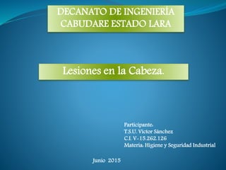 DECANATO DE INGENIERÍA
CABUDARE ESTADO LARA
Lesiones en la Cabeza.
Participante:
T.S.U. Víctor Sánchez
C.I. V-15.262.126
Materia: Higiene y Seguridad Industrial
Junio 2015
 