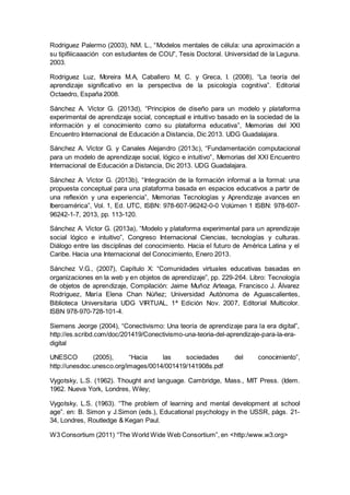 Rodriguez Palermo (2003), NM. L., “Modelos mentales de célula: una aproximación a
su tipifiiicaaación con estudiantes de COU”, Tesis Doctoral. Universidad de la Laguna.
2003.
Rodriguez Luz, Moreira M.A, Caballero M, C. y Greca, I. (2008), “La teoría del
aprendizaje significativo en la perspectiva de la psicología cognitiva”. Editorial
Octaedro, España 2008.
Sánchez A. Víctor G. (2013d), “Principios de diseño para un modelo y plataforma
experimental de aprendizaje social, conceptual e intuitivo basado en la sociedad de la
información y el conocimiento como su plataforma educativa”, Memorias del XXI
Encuentro Internacional de Educación a Distancia, Dic 2013. UDG Guadalajara.
Sánchez A. Víctor G. y Canales Alejandro (2013c), “Fundamentación computacional
para un modelo de aprendizaje social, lógico e intuitivo”, Memorias del XXI Encuentro
Internacional de Educación a Distancia, Dic 2013. UDG Guadalajara.
Sánchez A. Víctor G. (2013b), “Integración de la formación informal a la formal: una
propuesta conceptual para una plataforma basada en espacios educativos a partir de
una reflexión y una experiencia”, Memorias Tecnologías y Aprendizaje avances en
Iberoamérica”, Vol. 1, Ed. UTC, ISBN: 978-607-96242-0-0 Volúmen 1 ISBN: 978-607-
96242-1-7, 2013, pp. 113-120.
Sánchez A. Víctor G. (2013a), “Modelo y plataforma experimental para un aprendizaje
social lógico e intuitivo”, Congreso Internacional Ciencias, tecnologías y culturas.
Diálogo entre las disciplinas del conocimiento. Hacia el futuro de América Latina y el
Caribe. Hacia una Internacional del Conocimiento, Enero 2013.
Sánchez V.G., (2007), Capítulo X: “Comunidades virtuales educativas basadas en
organizaciones en la web y en objetos de aprendizaje”, pp. 229-264. Libro: Tecnología
de objetos de aprendizaje, Compilación: Jaime Muñoz Arteaga, Francisco J. Álvarez
Rodríguez, María Elena Chan Núñez; Universidad Autónoma de Aguascalientes,
Biblioteca Universitaria UDG VIRTUAL, 1ª Edición Nov. 2007, Editorial Multicolor.
ISBN 978-970-728-101-4.
Siemens Jeorge (2004), “Conectivismo: Una teoría de aprendizaje para la era digital”,
http://es.scribd.com/doc/201419/Conectivismo-una-teoria-del-aprendizaje-para-la-era-
digital
UNESCO (2005), “Hacia las sociedades del conocimiento”,
http://unesdoc.unesco.org/images/0014/001419/141908s.pdf
Vygotsky, L.S. (1962). Thought and language. Cambridge, Mass., MIT Press. (Idem.
1962. Nueva York, Londres, Wiley;
Vygotsky, L.S. (1963). “The problem of learning and mental development at school
age”. en: B. Simon y J.Simon (eds.), Educational psychology in the USSR, págs. 21-
34, Londres, Routledge & Kegan Paul.
W3 Consortium (2011) “The World Wide Web Consortium”, en <http:/www.w3.org>
 