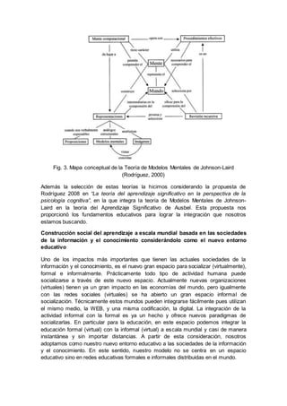 Fig. 3. Mapa conceptual de la Teoría de Modelos Mentales de Johnson-Laird
(Rodríguez, 2000)
Además la selección de estas teorías la hicimos considerando la propuesta de
Rodríguez 2008 en “La teoría del aprendizaje significativo en la perspectiva de la
psicología cognitiva”, en la que integra la teoría de Modelos Mentales de Johnson-
Laird en la teoría del Aprendizaje Significativo de Ausbel. Esta propuesta nos
proporcionó los fundamentos educativos para lograr la integración que nosotros
estamos buscando.
Construcción social del aprendizaje a escala mundial basada en las sociedades
de la información y el conocimiento considerándolo como el nuevo entorno
educativo
Uno de los impactos más importantes que tienen las actuales sociedades de la
información y el conocimiento, es el nuevo gran espacio para socializar (virtualmente),
formal e informalmente. Prácticamente todo tipo de actividad humana puede
socializarse a través de este nuevo espacio. Actualmente nuevas organizaciones
(virtuales) tienen ya un gran impacto en las economías del mundo, pero igualmente
con las redes sociales (virtuales) se ha abierto un gran espacio informal de
socialización. Técnicamente estos mundos pueden integrarse fácilmente pues utilizan
el mismo medio, la WEB, y una misma codificación, la digital. La integración de la
actividad informal con la formal es ya un hecho y ofrece nuevos paradigmas de
socializarlas. En particular para la educación, en este espacio podemos integrar la
educación formal (virtual) con la informal (virtual) a escala mundial y casi de manera
instantánea y sin importar distancias. A partir de esta consideración, nosotros
adoptamos como nuestro nuevo entorno educativo a las sociedades de la información
y el conocimiento. En este sentido, nuestro modelo no se centra en un espacio
educativo sino en redes educativas formales e informales distribuidas en el mundo.
 