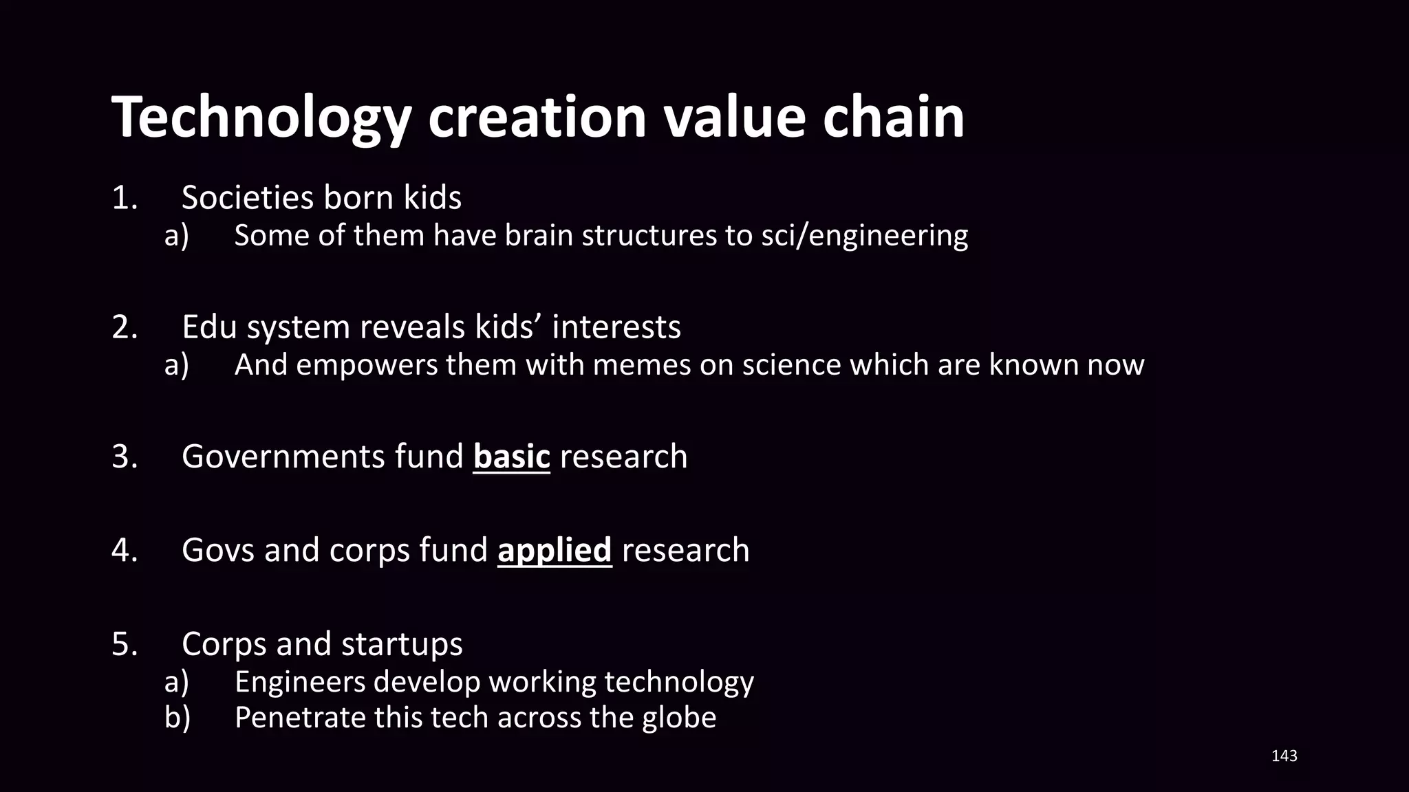 Technology creation value chain
1. Societies born kids
a) Some of them have brain structures to sci/engineering
2. Edu system reveals kids’ interests
a) And empowers them with memes on science which are known now
3. Governments fund basic research
4. Govs and corps fund applied research
5. Corps and startups
a) Engineers develop working technology
b) Penetrate this tech across the globe
143
 