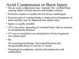 Axial Compression or Burst Injury
• Severe axial compression may ‘explode’ the vertebral body
causing failure of both anterior and middle columns
• Posterior column is usually but not always undamaged
• Posterior part of vertebral body is shattered and fragments of
bone and disc may be displaced into spinal canal
• Injury is usually unstable
• AP x-rays show spreading of vertebral body with an increase
in interpedicular distance
• CT scan is essential to see retropulsion of bone fragments
into spinal canal
• Rx:
- No neurological damage- bed immobilization and
thoracolumbar brace or cast for 12 weeks
- Neurological symptoms- anterior decompression and
stabilization
 