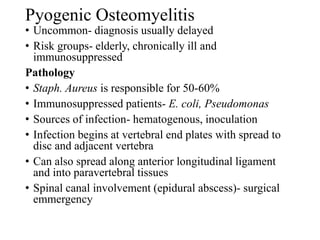 Pyogenic Osteomyelitis
• Uncommon- diagnosis usually delayed
• Risk groups- elderly, chronically ill and
immunosuppressed
Pathology
• Staph. Aureus is responsible for 50-60%
• Immunosuppressed patients- E. coli, Pseudomonas
• Sources of infection- hematogenous, inoculation
• Infection begins at vertebral end plates with spread to
disc and adjacent vertebra
• Can also spread along anterior longitudinal ligament
and into paravertebral tissues
• Spinal canal involvement (epidural abscess)- surgical
emmergency
 