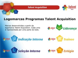 Logomarcas Programas Talent AcquisitionMarcas desenvolvidas a partir da logomarca TalentAcquisition. Cada uma é representada por uma parte do todo.