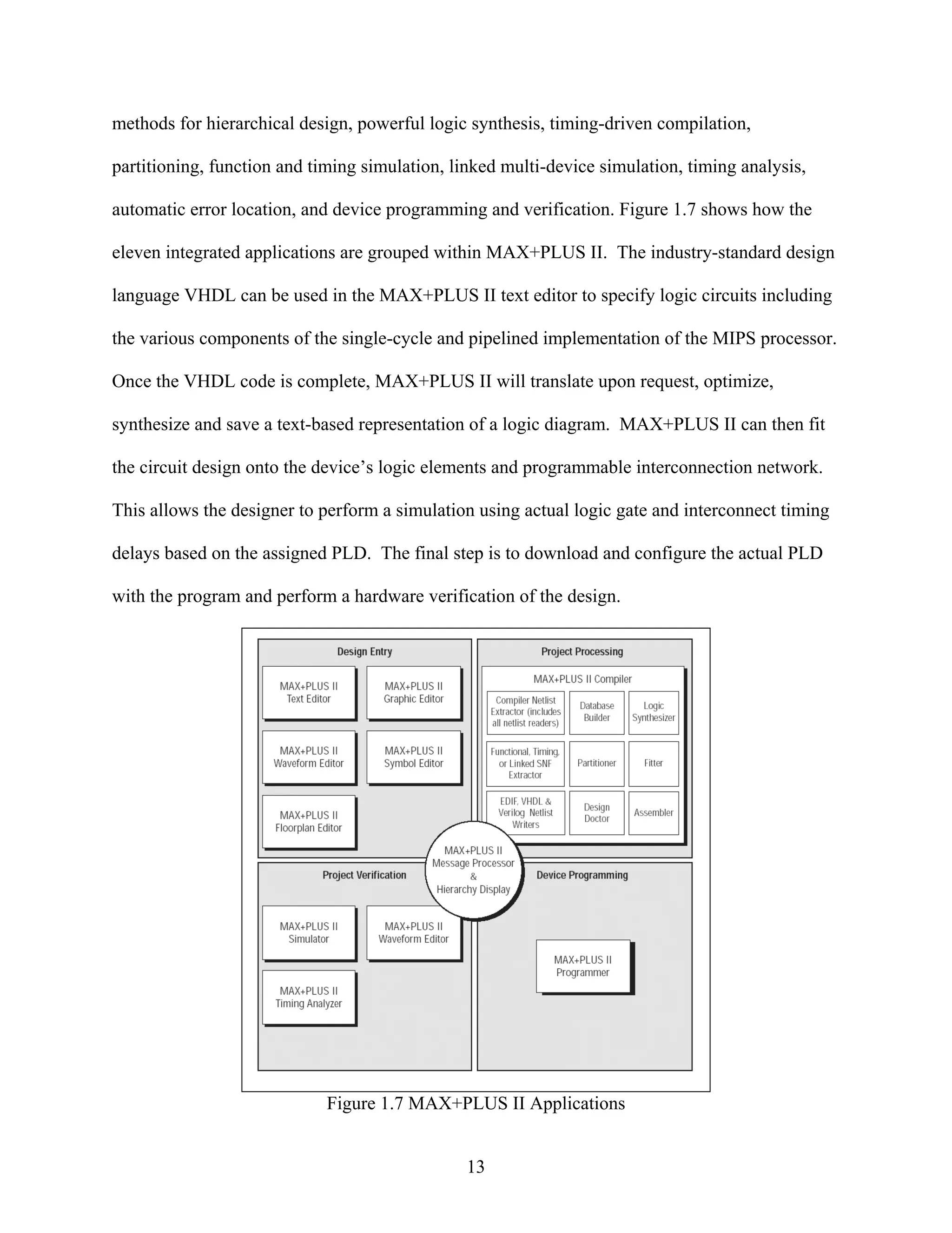 methods for hierarchical design, powerful logic synthesis, timing-driven compilation,

partitioning, function and timing simulation, linked multi-device simulation, timing analysis,

automatic error location, and device programming and verification. Figure 1.7 shows how the

eleven integrated applications are grouped within MAX+PLUS II. The industry-standard design

language VHDL can be used in the MAX+PLUS II text editor to specify logic circuits including

the various components of the single-cycle and pipelined implementation of the MIPS processor.

Once the VHDL code is complete, MAX+PLUS II will translate upon request, optimize,

synthesize and save a text-based representation of a logic diagram. MAX+PLUS II can then fit

the circuit design onto the device’s logic elements and programmable interconnection network.

This allows the designer to perform a simulation using actual logic gate and interconnect timing

delays based on the assigned PLD. The final step is to download and configure the actual PLD

with the program and perform a hardware verification of the design.




                             Figure 1.7 MAX+PLUS II Applications


                                                13
 