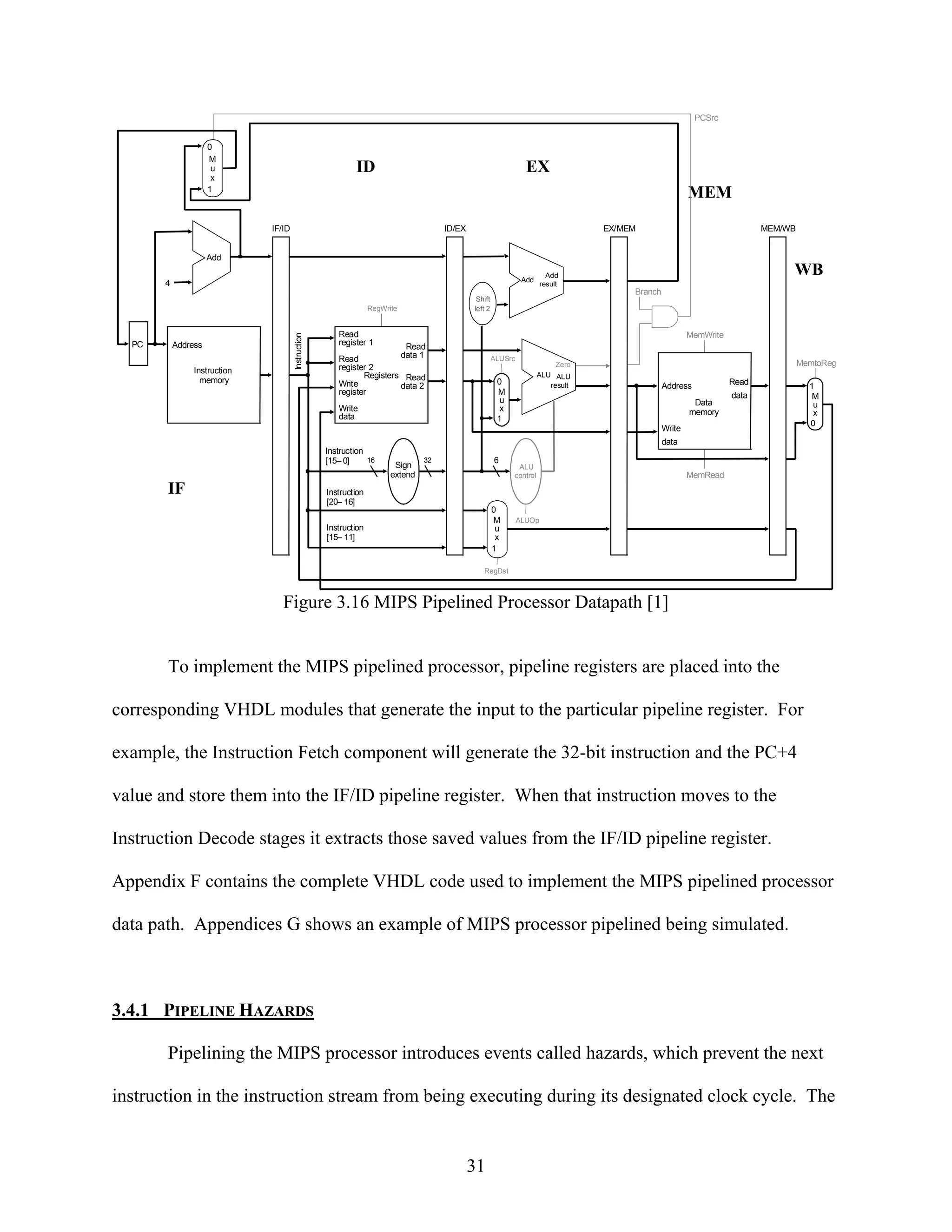 PCSrc


                     0
                     M
                      u                                       ID                                                     EX
                      x
                     1
                                                                                                                                                            MEM
                              IF/ID                                                      ID/EX                                        EX/MEM                                  MEM/WB


                     Add

                                                                                                                    Add
                                                                                                                             Add                                                   WB
       4                                                                                                                   result
                                                                                                                                           Branch
                                                                                                  Shift
                                                                    RegWrite                     left 2


                                                        Read                                                                                                MemWrite
                                      Inst ruction




  PC       Address                                      register 1              Read
                                                        Read                   data 1                     ALUSrc
                                                        register 2                                                           Zero
                                                                                                                               Zero                                                    MemtoReg
                Instruction
                                                               Registers Read                                             ALU ALU
                  memory                                Writ e                                             0                                                           Read
                                                                        data 2                                               result                 Address                              1
                                                        register                                           M                                                           data
                                                                                                            u                                                                             M
                                                                                                                                                             Data                         u
                                                        Write                                               x                                               memory
                                                        data                                                                                                                              x
                                                                                                           1
                                                                                                                                                                                         0
                                                                                                                                                    Write
                                                                                                                                                    data
                                                     Instruction
                                                     [15– 0]     16                 32                    6
                                                                           Sign                                  ALU
                                                                          extend                                control                                     MemRead
       IF                                            Instruct ion
                                                     [20– 16]
                                                                                                          0
                                                                                                          M        ALUOp
                                                     Instruct ion                                          u
                                                     [15– 11]                                              x
                                                                                                          1

                                                                                                    RegDst



                                 Figure 3.16 MIPS Pipelined Processor Datapath [1]


       To implement the MIPS pipelined processor, pipeline registers are placed into the

corresponding VHDL modules that generate the input to the particular pipeline register. For

example, the Instruction Fetch component will generate the 32-bit instruction and the PC+4

value and store them into the IF/ID pipeline register. When that instruction moves to the

Instruction Decode stages it extracts those saved values from the IF/ID pipeline register.

Appendix F contains the complete VHDL code used to implement the MIPS pipelined processor

data path. Appendices G shows an example of MIPS processor pipelined being simulated.



3.4.1 PIPELINE HAZARDS

       Pipelining the MIPS processor introduces events called hazards, which prevent the next

instruction in the instruction stream from being executing during its designated clock cycle. The


                                                                                                 31
 