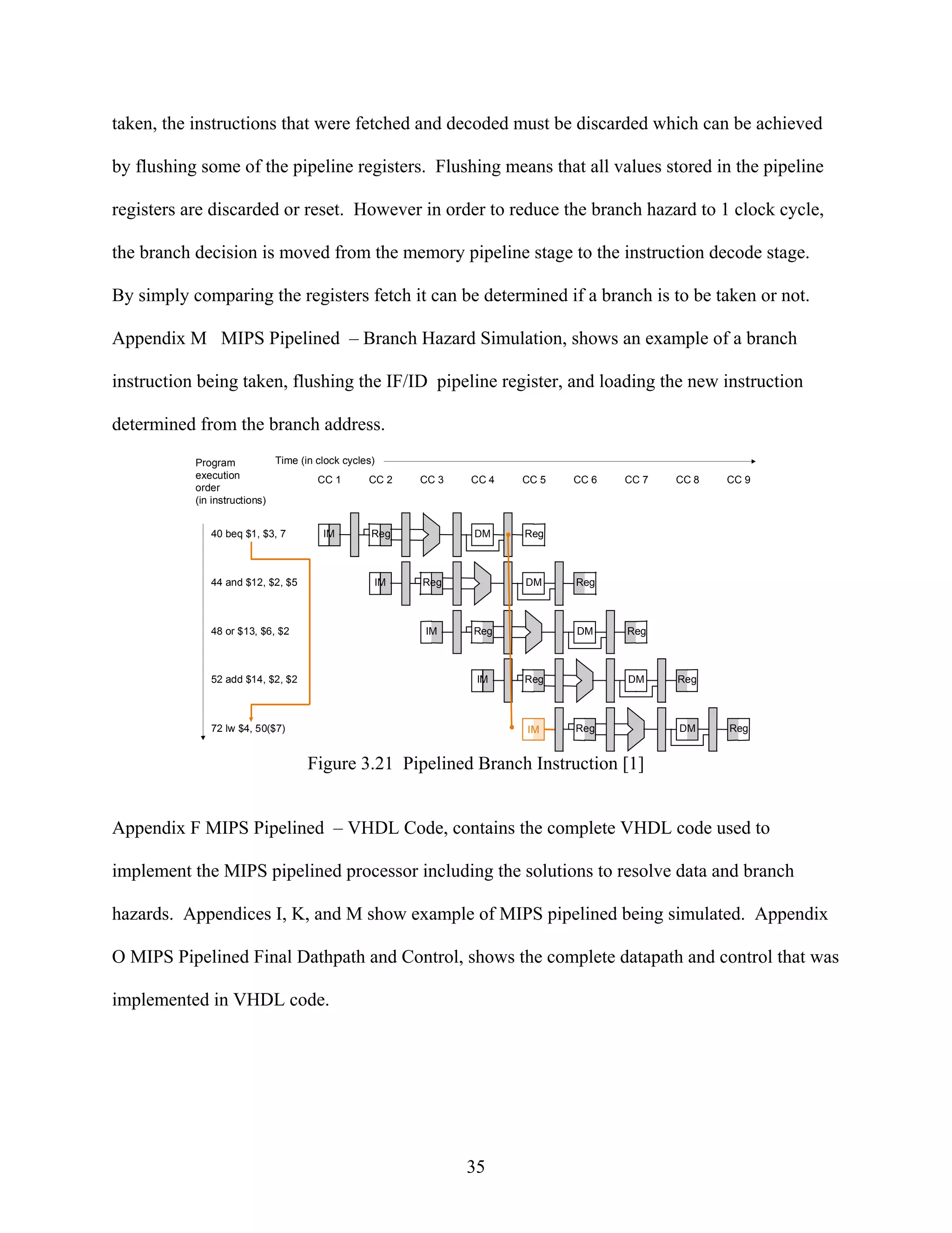 taken, the instructions that were fetched and decoded must be discarded which can be achieved

by flushing some of the pipeline registers. Flushing means that all values stored in the pipeline

registers are discarded or reset. However in order to reduce the branch hazard to 1 clock cycle,

the branch decision is moved from the memory pipeline stage to the instruction decode stage.

By simply comparing the registers fetch it can be determined if a branch is to be taken or not.

Appendix M MIPS Pipelined – Branch Hazard Simulation, shows an example of a branch

instruction being taken, flushing the IF/ID pipeline register, and loading the new instruction

determined from the branch address.
           Program           Time (in clock cycles)
           execution                  CC 1        CC 2   CC 3   CC 4   CC 5   CC 6   CC 7   CC 8   CC 9
           order
           (in instructions)


              40 beq $1, $3, 7        IM         Reg            DM     Reg



              44 and $12, $2, $5                  IM     Reg           DM     Reg



              48 or $13, $6, $2                          IM     Reg           DM     Reg



              52 add $14, $2, $2                                 IM    Reg           DM     Reg



              72 lw $4, 5 0($7)                                        IM     Reg           DM     Reg


                                   Figure 3.21 Pipelined Branch Instruction [1]


Appendix F MIPS Pipelined – VHDL Code, contains the complete VHDL code used to

implement the MIPS pipelined processor including the solutions to resolve data and branch

hazards. Appendices I, K, and M show example of MIPS pipelined being simulated. Appendix

O MIPS Pipelined Final Dathpath and Control, shows the complete datapath and control that was

implemented in VHDL code.




                                                                35
 