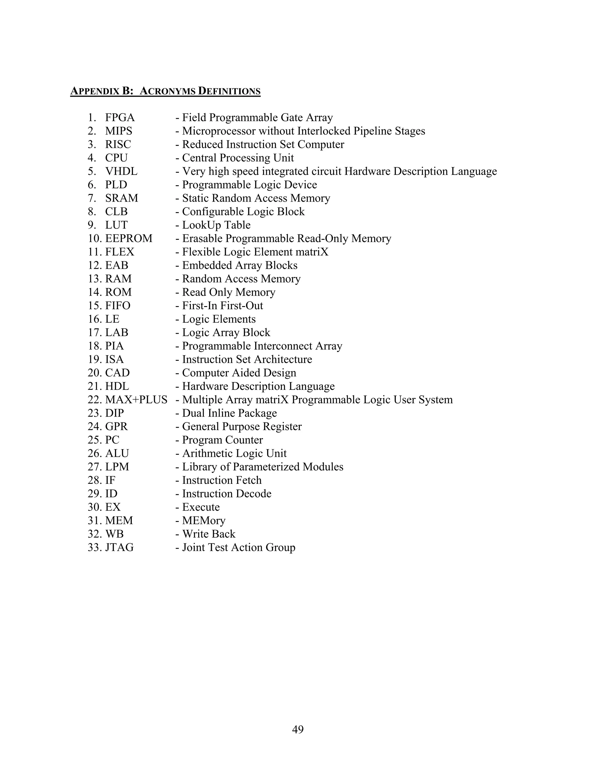 APPENDIX B: ACRONYMS DEFINITIONS

  1. FPGA        - Field Programmable Gate Array
  2. MIPS        - Microprocessor without Interlocked Pipeline Stages
  3. RISC        - Reduced Instruction Set Computer
  4. CPU         - Central Processing Unit
  5. VHDL        - Very high speed integrated circuit Hardware Description Language
  6. PLD         - Programmable Logic Device
  7. SRAM        - Static Random Access Memory
  8. CLB         - Configurable Logic Block
  9. LUT         - LookUp Table
  10. EEPROM     - Erasable Programmable Read-Only Memory
  11. FLEX       - Flexible Logic Element matriX
  12. EAB        - Embedded Array Blocks
  13. RAM        - Random Access Memory
  14. ROM        - Read Only Memory
  15. FIFO       - First-In First-Out
  16. LE         - Logic Elements
  17. LAB        - Logic Array Block
  18. PIA        - Programmable Interconnect Array
  19. ISA        - Instruction Set Architecture
  20. CAD        - Computer Aided Design
  21. HDL        - Hardware Description Language
  22. MAX+PLUS   - Multiple Array matriX Programmable Logic User System
  23. DIP        - Dual Inline Package
  24. GPR        - General Purpose Register
  25. PC         - Program Counter
  26. ALU        - Arithmetic Logic Unit
  27. LPM        - Library of Parameterized Modules
  28. IF         - Instruction Fetch
  29. ID         - Instruction Decode
  30. EX         - Execute
  31. MEM        - MEMory
  32. WB         - Write Back
  33. JTAG       - Joint Test Action Group




                                        49
 