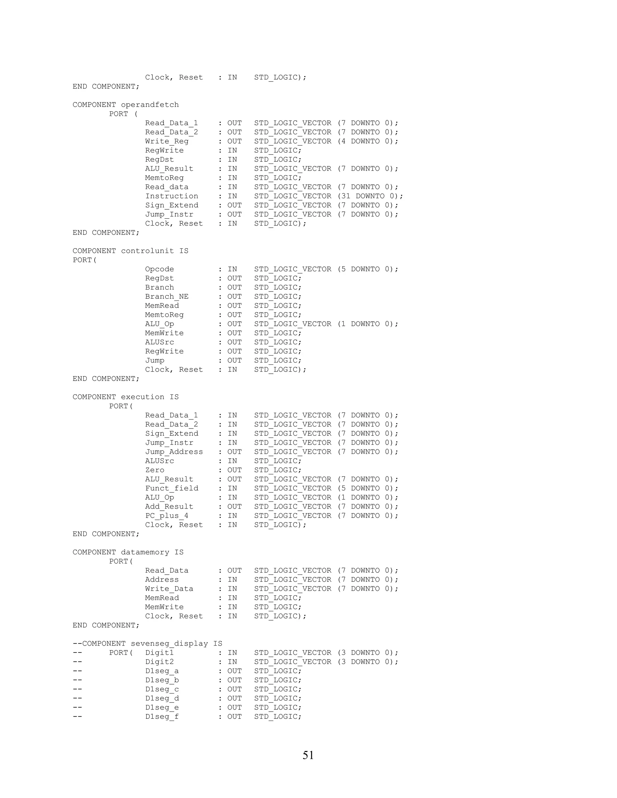 Clock, Reset   : IN      STD_LOGIC);
END COMPONENT;

COMPONENT operandfetch
        PORT (
               Read_Data_1      :   OUT   STD_LOGIC_VECTOR   (7 DOWNTO 0);
               Read_Data_2      :   OUT   STD_LOGIC_VECTOR   (7 DOWNTO 0);
               Write_Reg        :   OUT   STD_LOGIC_VECTOR   (4 DOWNTO 0);
               RegWrite         :   IN    STD_LOGIC;
               RegDst           :   IN    STD_LOGIC;
               ALU_Result       :   IN    STD_LOGIC_VECTOR   (7 DOWNTO 0);
               MemtoReg         :   IN    STD_LOGIC;
               Read_data        :   IN    STD_LOGIC_VECTOR   (7 DOWNTO 0);
               Instruction      :   IN    STD_LOGIC_VECTOR   (31 DOWNTO 0);
               Sign_Extend      :   OUT   STD_LOGIC_VECTOR   (7 DOWNTO 0);
               Jump_Instr       :   OUT   STD_LOGIC_VECTOR   (7 DOWNTO 0);
               Clock, Reset     :   IN    STD_LOGIC);
END COMPONENT;

COMPONENT controlunit IS
PORT(
               Opcode           :   IN    STD_LOGIC_VECTOR (5 DOWNTO 0);
               RegDst           :   OUT   STD_LOGIC;
               Branch           :   OUT   STD_LOGIC;
               Branch_NE        :   OUT   STD_LOGIC;
               MemRead          :   OUT   STD_LOGIC;
               MemtoReg         :   OUT   STD_LOGIC;
               ALU_Op           :   OUT   STD_LOGIC_VECTOR (1 DOWNTO 0);
               MemWrite         :   OUT   STD_LOGIC;
               ALUSrc           :   OUT   STD_LOGIC;
               RegWrite         :   OUT   STD_LOGIC;
               Jump             :   OUT   STD_LOGIC;
               Clock, Reset     :   IN    STD_LOGIC);
END COMPONENT;

COMPONENT execution IS
        PORT(
               Read_Data_1      :   IN    STD_LOGIC_VECTOR   (7   DOWNTO   0);
               Read_Data_2      :   IN    STD_LOGIC_VECTOR   (7   DOWNTO   0);
               Sign_Extend      :   IN    STD_LOGIC_VECTOR   (7   DOWNTO   0);
               Jump_Instr       :   IN    STD_LOGIC_VECTOR   (7   DOWNTO   0);
               Jump_Address     :   OUT   STD_LOGIC_VECTOR   (7   DOWNTO   0);
               ALUSrc           :   IN    STD_LOGIC;
               Zero             :   OUT   STD_LOGIC;
               ALU_Result       :   OUT   STD_LOGIC_VECTOR   (7   DOWNTO   0);
               Funct_field      :   IN    STD_LOGIC_VECTOR   (5   DOWNTO   0);
               ALU_Op           :   IN    STD_LOGIC_VECTOR   (1   DOWNTO   0);
               Add_Result       :   OUT   STD_LOGIC_VECTOR   (7   DOWNTO   0);
               PC_plus_4        :   IN    STD_LOGIC_VECTOR   (7   DOWNTO   0);
               Clock, Reset     :   IN    STD_LOGIC);
END COMPONENT;

COMPONENT datamemory IS
        PORT(
               Read_Data        :   OUT   STD_LOGIC_VECTOR (7 DOWNTO 0);
               Address          :   IN    STD_LOGIC_VECTOR (7 DOWNTO 0);
               Write_Data       :   IN    STD_LOGIC_VECTOR (7 DOWNTO 0);
               MemRead          :   IN    STD_LOGIC;
               MemWrite         :   IN    STD_LOGIC;
               Clock, Reset     :   IN    STD_LOGIC);
END COMPONENT;

--COMPONENT sevenseg_display IS
--      PORT(  Digit1         : IN        STD_LOGIC_VECTOR (3 DOWNTO 0);
--             Digit2         : IN        STD_LOGIC_VECTOR (3 DOWNTO 0);
--             D1seg_a        : OUT       STD_LOGIC;
--             D1seg_b        : OUT       STD_LOGIC;
--             D1seg_c        : OUT       STD_LOGIC;
--             D1seg_d        : OUT       STD_LOGIC;
--             D1seg_e        : OUT       STD_LOGIC;
--             D1seg_f        : OUT       STD_LOGIC;




                                                    51
 
