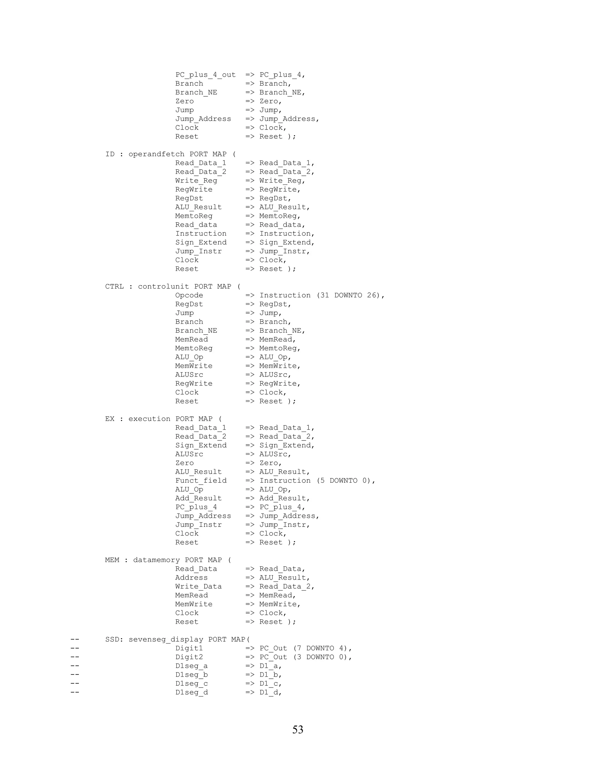 PC_plus_4_out   =>   PC_plus_4,
                    Branch          =>   Branch,
                    Branch_NE       =>   Branch_NE,
                    Zero            =>   Zero,
                    Jump            =>   Jump,
                    Jump_Address    =>   Jump_Address,
                    Clock           =>   Clock,
                    Reset           =>   Reset );

     ID : operandfetch PORT MAP (
                    Read_Data_1     =>   Read_Data_1,
                    Read_Data_2     =>   Read_Data_2,
                    Write_Reg       =>   Write_Reg,
                    RegWrite        =>   RegWrite,
                    RegDst          =>   RegDst,
                    ALU_Result      =>   ALU_Result,
                    MemtoReg        =>   MemtoReg,
                    Read_data       =>   Read_data,
                    Instruction     =>   Instruction,
                    Sign_Extend     =>   Sign_Extend,
                    Jump_Instr      =>   Jump_Instr,
                    Clock           =>   Clock,
                    Reset           =>   Reset );

     CTRL : controlunit PORT MAP (
                    Opcode         => Instruction (31 DOWNTO 26),
                    RegDst         => RegDst,
                    Jump           => Jump,
                    Branch         => Branch,
                    Branch_NE      => Branch_NE,
                    MemRead        => MemRead,
                    MemtoReg       => MemtoReg,
                    ALU_Op         => ALU_Op,
                    MemWrite       => MemWrite,
                    ALUSrc         => ALUSrc,
                    RegWrite       => RegWrite,
                    Clock          => Clock,
                    Reset          => Reset );

     EX : execution PORT MAP (
                    Read_Data_1     =>   Read_Data_1,
                    Read_Data_2     =>   Read_Data_2,
                    Sign_Extend     =>   Sign_Extend,
                    ALUSrc          =>   ALUSrc,
                    Zero            =>   Zero,
                    ALU_Result      =>   ALU_Result,
                    Funct_field     =>   Instruction (5 DOWNTO 0),
                    ALU_Op          =>   ALU_Op,
                    Add_Result      =>   Add_Result,
                    PC_plus_4       =>   PC_plus_4,
                    Jump_Address    =>   Jump_Address,
                    Jump_Instr      =>   Jump_Instr,
                    Clock           =>   Clock,
                    Reset           =>   Reset );

     MEM : datamemory PORT MAP (
                    Read_Data       =>   Read_Data,
                    Address         =>   ALU_Result,
                    Write_Data      =>   Read_Data_2,
                    MemRead         =>   MemRead,
                    MemWrite        =>   MemWrite,
                    Clock           =>   Clock,
                    Reset           =>   Reset );

--   SSD: sevenseg_display PORT MAP(
--                  Digit1         =>    PC_Out (7 DOWNTO 4),
--                  Digit2         =>    PC_Out (3 DOWNTO 0),
--                  D1seg_a        =>    D1_a,
--                  D1seg_b        =>    D1_b,
--                  D1seg_c        =>    D1_c,
--                  D1seg_d        =>    D1_d,




                                                53
 