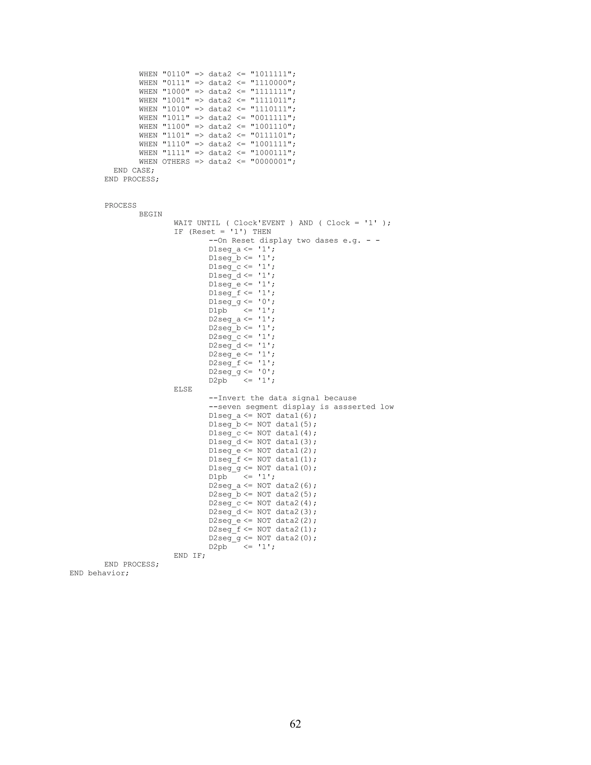 WHEN      "0110"   =>   data2   <=   "1011111";
               WHEN      "0111"   =>   data2   <=   "1110000";
               WHEN      "1000"   =>   data2   <=   "1111111";
               WHEN      "1001"   =>   data2   <=   "1111011";
              WHEN       "1010"   =>   data2   <=   "1110111";
               WHEN      "1011"   =>   data2   <=   "0011111";
               WHEN      "1100"   =>   data2   <=   "1001110";
               WHEN      "1101"   =>   data2   <=   "0111101";
               WHEN      "1110"   =>   data2   <=   "1001111";
               WHEN      "1111"   =>   data2   <=   "1000111";
               WHEN      OTHERS   =>   data2   <=   "0000001";
         END CASE;
       END PROCESS;


       PROCESS
                 BEGIN
                           WAIT UNTIL ( Clock'EVENT ) AND ( Clock = '1' );
                           IF (Reset = '1') THEN
                                   --On Reset display two dases e.g. - -
                                   D1seg_a <= '1';
                                   D1seg_b <= '1';
                                   D1seg_c <= '1';
                                   D1seg_d <= '1';
                                   D1seg_e <= '1';
                                   D1seg_f <= '1';
                                   D1seg_g <= '0';
                                   D1pb    <= '1';
                                   D2seg_a <= '1';
                                   D2seg_b <= '1';
                                   D2seg_c <= '1';
                                   D2seg_d <= '1';
                                   D2seg_e <= '1';
                                   D2seg_f <= '1';
                                   D2seg_g <= '0';
                                   D2pb    <= '1';
                           ELSE
                                   --Invert the data signal because
                                   --seven segment display is assserted low
                                   D1seg_a <= NOT data1(6);
                                   D1seg_b <= NOT data1(5);
                                   D1seg_c <= NOT data1(4);
                                   D1seg_d <= NOT data1(3);
                                   D1seg_e <= NOT data1(2);
                                   D1seg_f <= NOT data1(1);
                                   D1seg_g <= NOT data1(0);
                                   D1pb    <= '1';
                                   D2seg_a <= NOT data2(6);
                                   D2seg_b <= NOT data2(5);
                                   D2seg_c <= NOT data2(4);
                                   D2seg_d <= NOT data2(3);
                                   D2seg_e <= NOT data2(2);
                                   D2seg_f <= NOT data2(1);
                                   D2seg_g <= NOT data2(0);
                                   D2pb    <= '1';
                           END IF;
        END PROCESS;
END behavior;




                                                            62
 