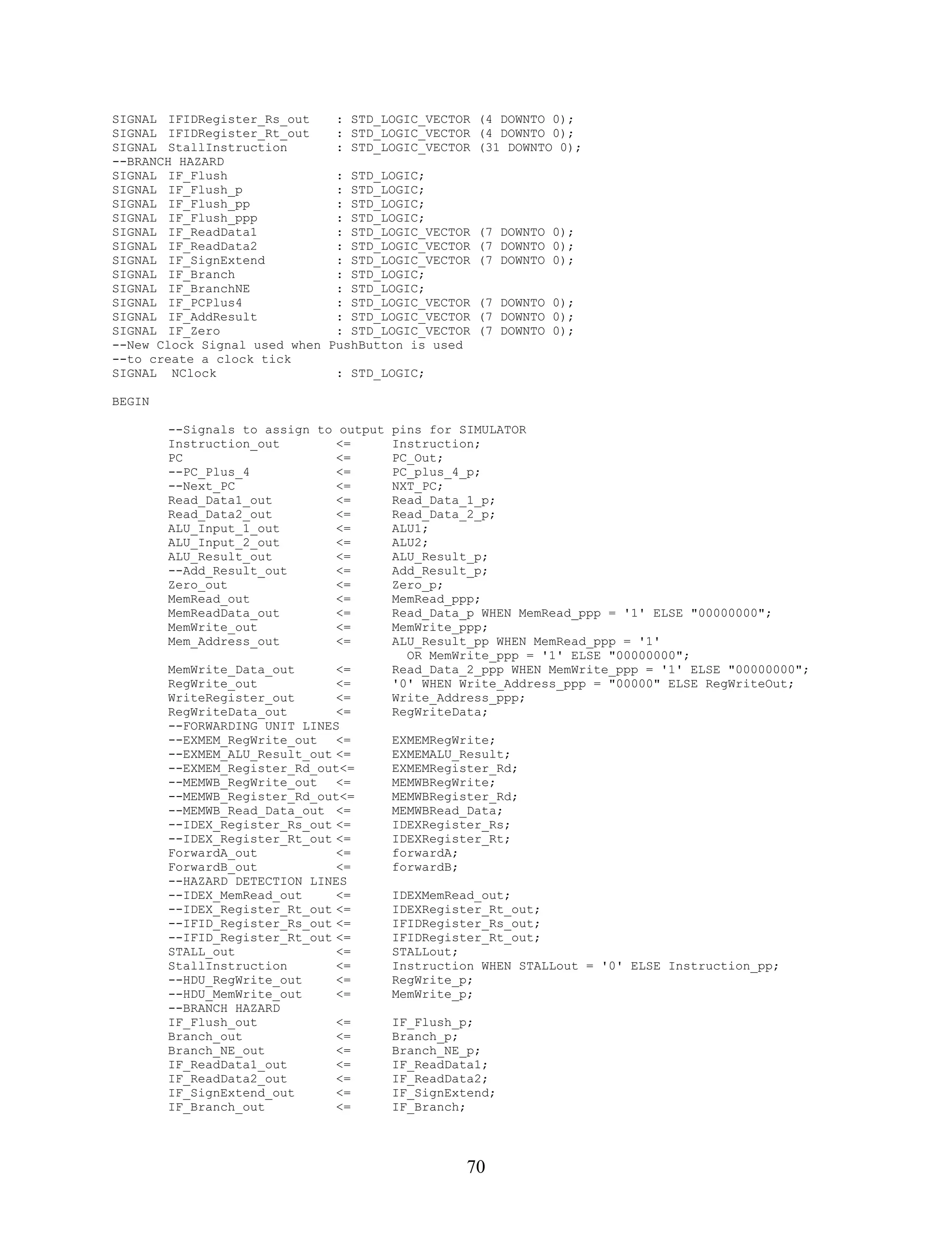 SIGNAL IFIDRegister_Rs_out    : STD_LOGIC_VECTOR   (4 DOWNTO 0);
SIGNAL IFIDRegister_Rt_out    : STD_LOGIC_VECTOR   (4 DOWNTO 0);
SIGNAL StallInstruction       : STD_LOGIC_VECTOR   (31 DOWNTO 0);
--BRANCH HAZARD
SIGNAL IF_Flush               : STD_LOGIC;
SIGNAL IF_Flush_p             : STD_LOGIC;
SIGNAL IF_Flush_pp            : STD_LOGIC;
SIGNAL IF_Flush_ppp           : STD_LOGIC;
SIGNAL IF_ReadData1           : STD_LOGIC_VECTOR   (7 DOWNTO 0);
SIGNAL IF_ReadData2           : STD_LOGIC_VECTOR   (7 DOWNTO 0);
SIGNAL IF_SignExtend          : STD_LOGIC_VECTOR   (7 DOWNTO 0);
SIGNAL IF_Branch              : STD_LOGIC;
SIGNAL IF_BranchNE            : STD_LOGIC;
SIGNAL IF_PCPlus4             : STD_LOGIC_VECTOR   (7 DOWNTO 0);
SIGNAL IF_AddResult           : STD_LOGIC_VECTOR   (7 DOWNTO 0);
SIGNAL IF_Zero                : STD_LOGIC_VECTOR   (7 DOWNTO 0);
--New Clock Signal used when PushButton is used
--to create a clock tick
SIGNAL NClock                 : STD_LOGIC;

BEGIN

        --Signals to assign to output   pins for SIMULATOR
        Instruction_out        <=       Instruction;
        PC                     <=       PC_Out;
        --PC_Plus_4            <=       PC_plus_4_p;
        --Next_PC              <=       NXT_PC;
        Read_Data1_out         <=       Read_Data_1_p;
        Read_Data2_out         <=       Read_Data_2_p;
        ALU_Input_1_out        <=       ALU1;
        ALU_Input_2_out        <=       ALU2;
        ALU_Result_out         <=       ALU_Result_p;
        --Add_Result_out       <=       Add_Result_p;
        Zero_out               <=       Zero_p;
        MemRead_out            <=       MemRead_ppp;
        MemReadData_out        <=       Read_Data_p WHEN MemRead_ppp = '1' ELSE "00000000";
        MemWrite_out           <=       MemWrite_ppp;
        Mem_Address_out        <=       ALU_Result_pp WHEN MemRead_ppp = '1'
                                          OR MemWrite_ppp = '1' ELSE "00000000";
        MemWrite_Data_out      <=       Read_Data_2_ppp WHEN MemWrite_ppp = '1' ELSE "00000000";
        RegWrite_out           <=       '0' WHEN Write_Address_ppp = "00000" ELSE RegWriteOut;
        WriteRegister_out      <=       Write_Address_ppp;
        RegWriteData_out       <=       RegWriteData;
        --FORWARDING UNIT LINES
        --EXMEM_RegWrite_out   <=       EXMEMRegWrite;
        --EXMEM_ALU_Result_out <=       EXMEMALU_Result;
        --EXMEM_Register_Rd_out<=       EXMEMRegister_Rd;
        --MEMWB_RegWrite_out   <=       MEMWBRegWrite;
        --MEMWB_Register_Rd_out<=       MEMWBRegister_Rd;
        --MEMWB_Read_Data_out <=        MEMWBRead_Data;
        --IDEX_Register_Rs_out <=       IDEXRegister_Rs;
        --IDEX_Register_Rt_out <=       IDEXRegister_Rt;
        ForwardA_out           <=       forwardA;
        ForwardB_out           <=       forwardB;
        --HAZARD DETECTION LINES
        --IDEX_MemRead_out     <=       IDEXMemRead_out;
        --IDEX_Register_Rt_out <=       IDEXRegister_Rt_out;
        --IFID_Register_Rs_out <=       IFIDRegister_Rs_out;
        --IFID_Register_Rt_out <=       IFIDRegister_Rt_out;
        STALL_out              <=       STALLout;
        StallInstruction       <=       Instruction WHEN STALLout = '0' ELSE Instruction_pp;
        --HDU_RegWrite_out     <=       RegWrite_p;
        --HDU_MemWrite_out     <=       MemWrite_p;
        --BRANCH HAZARD
        IF_Flush_out           <=       IF_Flush_p;
        Branch_out             <=       Branch_p;
        Branch_NE_out          <=       Branch_NE_p;
        IF_ReadData1_out       <=       IF_ReadData1;
        IF_ReadData2_out       <=       IF_ReadData2;
        IF_SignExtend_out      <=       IF_SignExtend;
        IF_Branch_out          <=       IF_Branch;




                                                  70
 