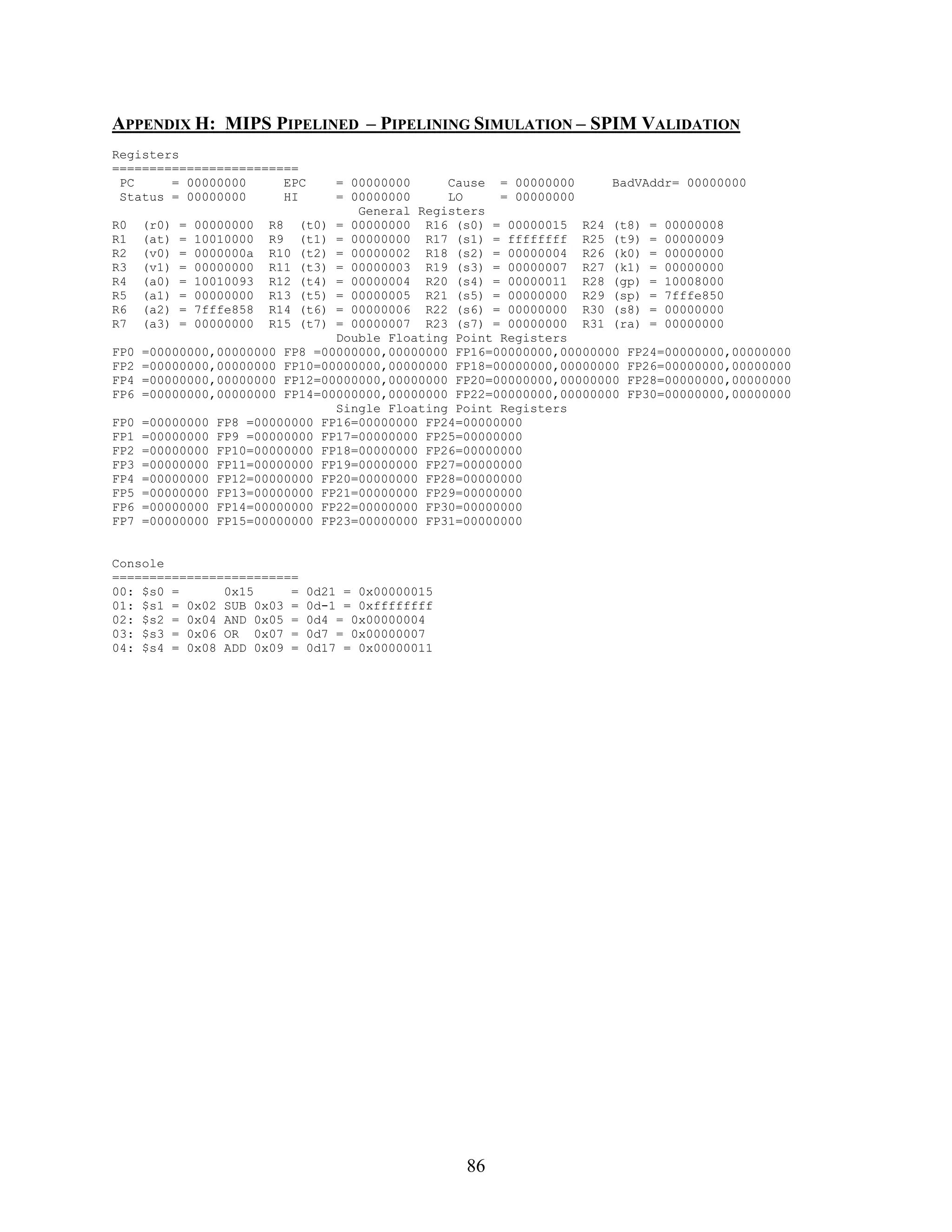 APPENDIX H: MIPS PIPELINED – PIPELINING SIMULATION – SPIM VALIDATION
Registers
=========================
 PC     = 00000000     EPC      = 00000000     Cause = 00000000      BadVAddr= 00000000
 Status = 00000000     HI       = 00000000     LO     = 00000000
                                   General Registers
R0    (r0) = 00000000 R8 (t0) = 00000000 R16 (s0) = 00000015 R24 (t8) = 00000008
R1    (at) = 10010000 R9 (t1) = 00000000 R17 (s1) = ffffffff R25 (t9) = 00000009
R2    (v0) = 0000000a R10 (t2) = 00000002 R18 (s2) = 00000004 R26 (k0) = 00000000
R3    (v1) = 00000000 R11 (t3) = 00000003 R19 (s3) = 00000007 R27 (k1) = 00000000
R4    (a0) = 10010093 R12 (t4) = 00000004 R20 (s4) = 00000011 R28 (gp) = 10008000
R5    (a1) = 00000000 R13 (t5) = 00000005 R21 (s5) = 00000000 R29 (sp) = 7fffe850
R6    (a2) = 7fffe858 R14 (t6) = 00000006 R22 (s6) = 00000000 R30 (s8) = 00000000
R7    (a3) = 00000000 R15 (t7) = 00000007 R23 (s7) = 00000000 R31 (ra) = 00000000
                                Double Floating Point Registers
FP0   =00000000,00000000 FP8 =00000000,00000000 FP16=00000000,00000000 FP24=00000000,00000000
FP2   =00000000,00000000 FP10=00000000,00000000 FP18=00000000,00000000 FP26=00000000,00000000
FP4   =00000000,00000000 FP12=00000000,00000000 FP20=00000000,00000000 FP28=00000000,00000000
FP6   =00000000,00000000 FP14=00000000,00000000 FP22=00000000,00000000 FP30=00000000,00000000
                                Single Floating Point Registers
FP0   =00000000 FP8 =00000000 FP16=00000000 FP24=00000000
FP1   =00000000 FP9 =00000000 FP17=00000000 FP25=00000000
FP2   =00000000 FP10=00000000 FP18=00000000 FP26=00000000
FP3   =00000000 FP11=00000000 FP19=00000000 FP27=00000000
FP4   =00000000 FP12=00000000 FP20=00000000 FP28=00000000
FP5   =00000000 FP13=00000000 FP21=00000000 FP29=00000000
FP6   =00000000 FP14=00000000 FP22=00000000 FP30=00000000
FP7   =00000000 FP15=00000000 FP23=00000000 FP31=00000000


Console
=========================
00: $s0 =      0x15     =    0d21 = 0x00000015
01: $s1 = 0x02 SUB 0x03 =    0d-1 = 0xffffffff
02: $s2 = 0x04 AND 0x05 =    0d4 = 0x00000004
03: $s3 = 0x06 OR 0x07 =     0d7 = 0x00000007
04: $s4 = 0x08 ADD 0x09 =    0d17 = 0x00000011




                                                 86
 