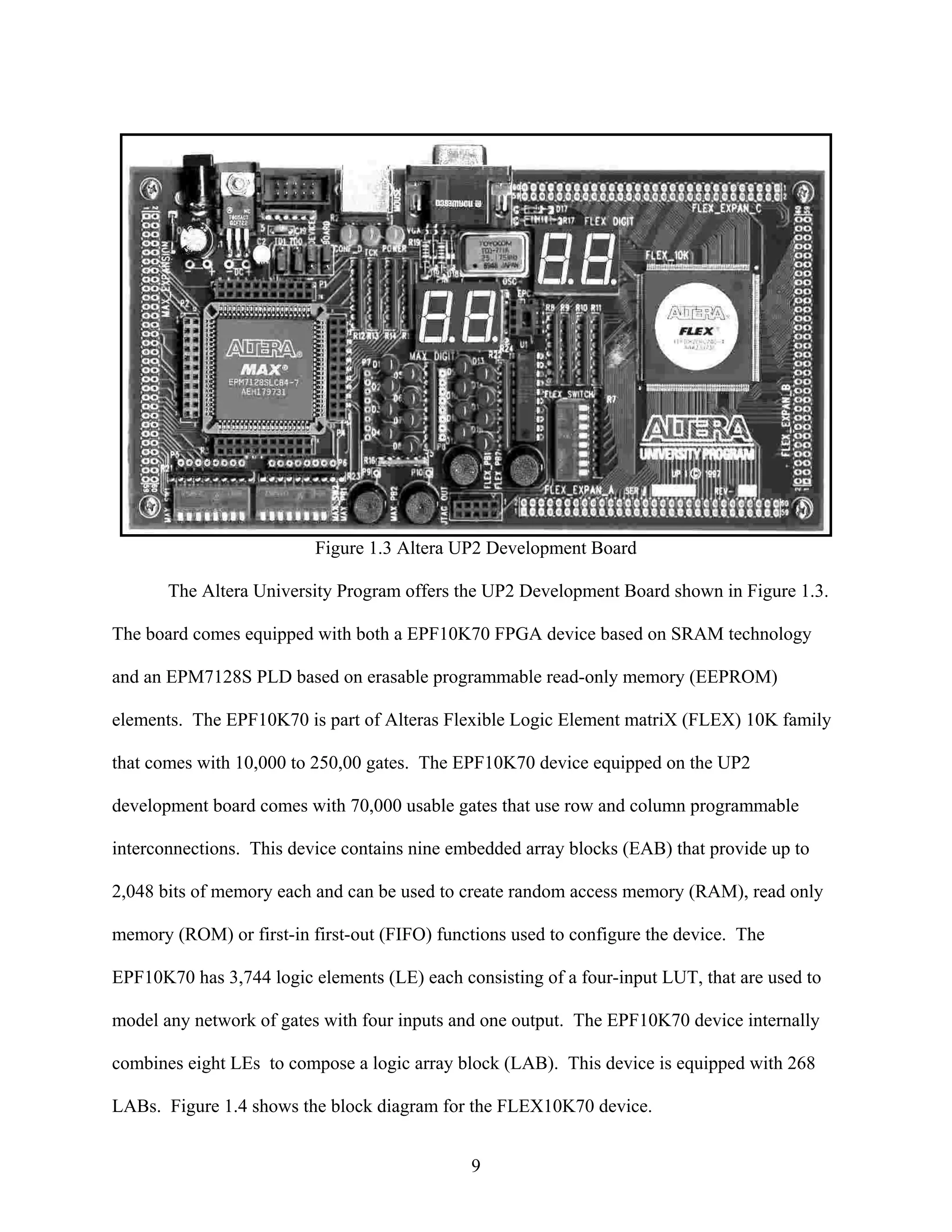 Figure 1.3 Altera UP2 Development Board

       The Altera University Program offers the UP2 Development Board shown in Figure 1.3.

The board comes equipped with both a EPF10K70 FPGA device based on SRAM technology

and an EPM7128S PLD based on erasable programmable read-only memory (EEPROM)

elements. The EPF10K70 is part of Alteras Flexible Logic Element matriX (FLEX) 10K family

that comes with 10,000 to 250,00 gates. The EPF10K70 device equipped on the UP2

development board comes with 70,000 usable gates that use row and column programmable

interconnections. This device contains nine embedded array blocks (EAB) that provide up to

2,048 bits of memory each and can be used to create random access memory (RAM), read only

memory (ROM) or first-in first-out (FIFO) functions used to configure the device. The

EPF10K70 has 3,744 logic elements (LE) each consisting of a four-input LUT, that are used to

model any network of gates with four inputs and one output. The EPF10K70 device internally

combines eight LEs to compose a logic array block (LAB). This device is equipped with 268

LABs. Figure 1.4 shows the block diagram for the FLEX10K70 device.


                                              9
 