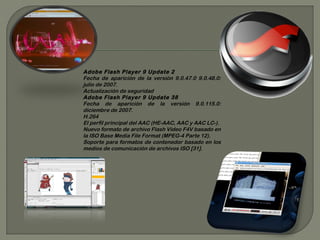 Adobe Flash Player 9 Update 2
Fecha de aparición de la versión 9.0.47.0 9.0.48.0:
julio de 2007.
Actualización de seguridad
Adobe Flash Player 9 Update 38
Fecha de aparición de la versión 9.0.115.0:
diciembre de 2007.
H.264
El perfil principal del AAC (HE-AAC, AAC y AAC LC-).
Nuevo formato de archivo Flash Video F4V basado en
la ISO Base Media File Format (MPEG-4 Parte 12).
Soporte para formatos de contenedor basado en los
medios de comunicación de archivos ISO [31].
 