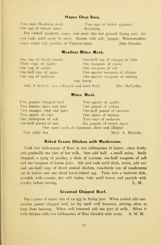 Hague Chop Suey.
Two cups Hamburji; steak Two cups of boiled spaghetti
One cup of tomato sauce Seasoning
Put cooked spaghetti, sauce, and meat into hot greased frying pan; stir
and cook, until ready to serve. Season with salt, pepper, Worcestershire
sauce, celery salt, parsley, or Tabasco sauce. John Parsons.
Meatless Mince Meat.
One cup of bread crumbs One-half cup of vinegar or cider
Three cups of apples One teaspoon of cassia
One cup of I'aisins One teaspoon of salt
One-half cu}) of sugar One-quarter teaspoon of allspice
One cup of molasses One-quarter teaspoon of nutmeg
One lemon
Add, if de.-ired, suet, salt pork and more fruit. Mrs. McCarthy.
Mince Meat.
Five pounds chopped beef Two quarts of apples
'i wo lemons, juice and rind (^ne pound of raisins
Two oranges, rind and juice One-half pound of currants
Two quarts of cider One ounce of nutmeg
One tablespoon of salt Two cups of molasses
One-half pound of suet Six pounds of brown sugar
One ounce each of cinnamon, clove and allspice
Can while hot. Mary A. Hanafin.
Baked Cream Chicken with Mushrooms.
Cook two tablespoons of flour in two tablespoons of butter; when frothy
tidd gradually one pint of hot milk, then add half a small onion, finely
chopped, a sprig of parsley, a dash of cayenne, one-half teaspoon of salt
and one teaspoon of lemon juice. Stir and cook until thick, strain, add one
and one-half cups of diced cooked chicken, two-thirds can of mushrooms
cut in halves and one diced hard-cooked egg. Turn into a buttered dish,
sprinkle with crumbs, dot with butter, bake until brown and garnish with
parsley before serving. L. M.
Creamed Chipped Beef.
Put a piece of butter size of an egg in frying pan. When melted add one-
quarter pound chipped ])eef, let fry until well browned, stirring often to
keep from burning. When well browned add one pint of milk. When it
boils thicken with two tablespoons of flour blended with water. A. M. M.
15
 