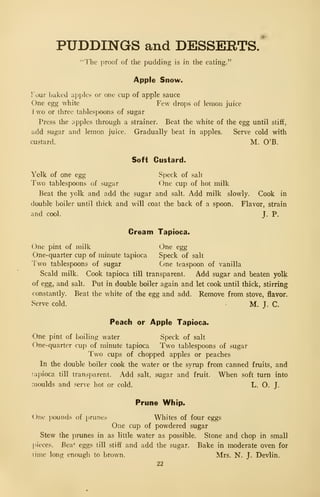 PUDDINGS and DESSERTS.
"The proof of the pudding is in the eating."
Apple Snow.
Four baked apples or one cup of apple sauce
One egg white Few drops of lemon juice
1 wo or three tablespoons of sugar
Press the apples through a strainer. Beat the white of the egg until stiff,
add sugar and lemon juice. Gradually beat in apples. Serve cold with
custard. M. O'B.
Soft Custard.
Yelk of one egg Speck of salt
Two tablespoons of sugar One cup of hot milk
Beat the yolk and add the sugar and salt. Add milk slowly. Cook in
doublfe boiler until thick and will coat the back of a spoon. Flavor, strain
and cool. J. P,
Cream Tapioca.
One pint of milk One egg
One-quarter cup of minute tapioca Speck of salt
Two tablespoons of sugar One teaspoon of vanilla
Scald milk. Cook tapioca till transparent. Add sugar and beaten yolk
of egg, and salt. Put in double boiler again and let cook until thick, stirring
constantly. Beat the white of the egg and add. Remove from stove, flavor.
Serve cold. M. J. C.
Peach or Apple Tapioca.
One pint of boiling water Speck of salt
One-quarter cup of minute tapioca Two tablespoons of sugar
Two cups of chopped apples or peaches
In the double boiler cook the water or the syrup from canned fruits, and
uipioca till transparent. Add salt, sugar and fruit. When soft turn into
moulds and serve hot or cold. L. O. J.
Prune Whip*
One pounds of prunes Whites of four eggs
One cup of powdered sugar
Stew the prunes in as little water as possible. Stone and chop in small
])ieces. Bea* eggs till stiff and add the sugar. Bake in moderate oven for
lime long enough to brown. Mrs. N. J. Devlin.
22
 