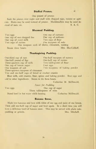 stuffed Prunes* *
One pound of prunes
Soak the prunes over night and stuff with chopped nuts, raisins or apri-
cots. Dates may be used instead of prunes. Marshmallow may be used in-
stead of nuts, etc. S. A. C.
Steamed Puddingy.
Two eggs One cup of currants
One cup of suet chopped fine One cup of molasses
One cup of sweet milk 'J wo cups of flour
Two cups of raisins One teaspoon of soda
One teaspoon each of cloves, cinnamon, nutmeg
Steam three hours. Mrs. MacCalduff.
Thanksgiving Pudding.
One-third cup of suet One-half teaspoon of nutmeg
One-half pound of figs One-half cup of raisins
Three-quarters cup of milk Two tablespoons of flour
One cup of brown sugar i'our eggs
One teaspoon of salt Two teaspoons of baking powder
Three-quarters teaspoon of cinnamon
Two and one-half cups of bread or cracker crumbs
Heat milk, add crumbs, flour, spices and baking powder. Beat eggs and
add to other ingredients. Steam in tin three hours.
Catherine M. McDonald.
Sauce for Pudding
Two eggs One cup of sugar
Three tablespoons of wine j
Stand bowl in hot water while beating. Catherine McDonald.
Banana Snow^
Mash two bananas and beat with white of one egg and juice of one lemon.
Then add one-half cup of sugar and beat again. In a short time you will
have a delicious bowl of banana snow. This may be served with plain cake,
pudding or gelatin. Mrs. Mitchell.
26
 