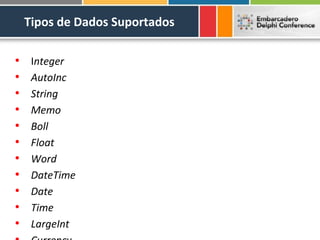 Tipos de Dados Suportados

•    Integer
•    AutoInc
•    String
•    Memo
•    Boll
•    Float
•    Word
•    DateTime
•    Date
•    Time
•    LargeInt
 