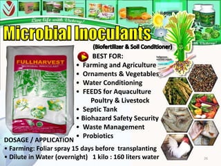 BEST FOR:
                         • Farming and Agriculture
                         • Ornaments & Vegetables
                         • Water Conditioning
                         • FEEDS for Aquaculture
                              Poultry & Livestock
                         • Septic Tank
                         • Biohazard Safety Security
                         • Waste Management
                         • Probiotics
DOSAGE / APPLICATION
• Farming: Foliar spray 15 days before transplanting
• Dilute in Water (overnight) 1 kilo : 160 liters water   26
 