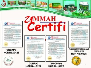 UMMAH


  VGCAPS                                     FULLHARVEST FOLIAR
                                                 FERTILIZER
HCR No.:0123                                   HCR No.:0125



                 CURA-C        VG Coffee                   4
               HCR No.:0124   HCR No.:0122
 