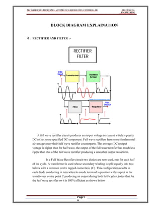 PLC BASED MULTICHANNEL AUTOMATIC LIQUID LEVEL CONTROLLER ELECTRICAL
ENGINEERING
Page1
6
BLOCK DIAGRAM EXPLAINATION
 RECTIFIER AND FILTER :-
A full wave rectifier circuit produces an output voltage or current which is purely
DC or has some specified DC component. Full wave rectifiers have some fundamental
advantages over their half wave rectifier counterparts. The average (DC) output
voltage is higher than for half wave, the output of the full wave rectifier has much less
ripple than that of the half wave rectifier producing a smoother output waveform.
In a Full Wave Rectifier circuit two diodes are now used, one for each half
of the cycle. A transformer is used whose secondary winding is split equally into two
halves with a common centre tapped connection, (C). This configuration results in
each diode conducting in turn when its anode terminal is positive with respect to the
transformer centre point C producing an output during both half-cycles, twice that for
the half wave rectifier so it is 100% efficient as shown below
RECTIFIER
FILTER
 