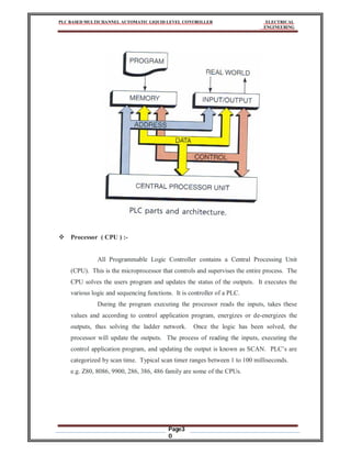 PLC BASED MULTICHANNEL AUTOMATIC LIQUID LEVEL CONTROLLER ELECTRICAL
ENGINEERING
Page3
0
 Processor ( CPU ) :-
All Programmable Logic Controller contains a Central Processing Unit
(CPU). This is the microprocessor that controls and supervises the entire process. The
CPU solves the users program and updates the status of the outputs. It executes the
various logic and sequencing functions. It is controller of a PLC.
During the program executing the processor reads the inputs, takes these
values and according to control application program, energizes or de-energizes the
outputs, thus solving the ladder network. Once the logic has been solved, the
processor will update the outputs. The process of reading the inputs, executing the
control application program, and updating the output is known as SCAN. PLC’s are
categorized by scan time. Typical scan timer ranges between 1 to 100 milliseconds.
e.g. Z80, 8086, 9900, 286, 386, 486 family are some of the CPUs.
 